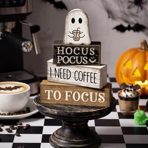Lineshading 4 Pcs Wooden Tiered Tray Decor Ghost Coffee Block Signs