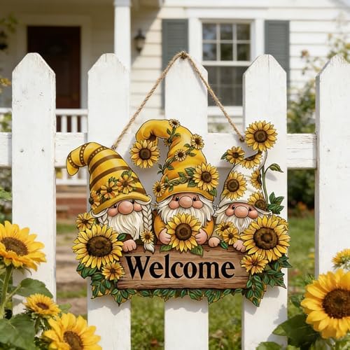 Summer Sunflower Gnome Welcome Door Sign 12'' Rustic Wooden Hanger, Sunflower Wreath Decor for Front Door Porch Wall Home Garden Kitchen