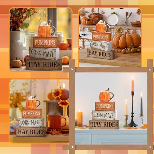 Lineshading 4 Pcs Fall Tiered Tray Decor, Wooden Pumpkin Farmhouse Signs