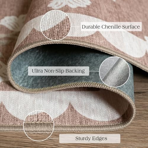 3x3 Square Entryway Rug - Non-Slip Washable Front Door Mat Indoor Outside Entrance Small Porch Rug Tan Neutral Floral
