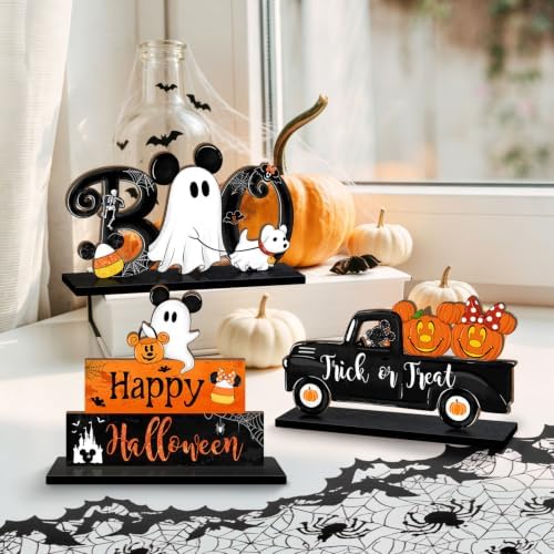3 Pieces Halloween Table Signs Decorations, Pumpkins Ghost Truck BOO Table Centerpiece Wooden Sign, Halloween Tabletop Home Decor for Party Indoor Tiered Tray