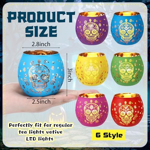 Jingmore 6 Pcs Glass Votive Holders, Sugar Skull, Multicolor