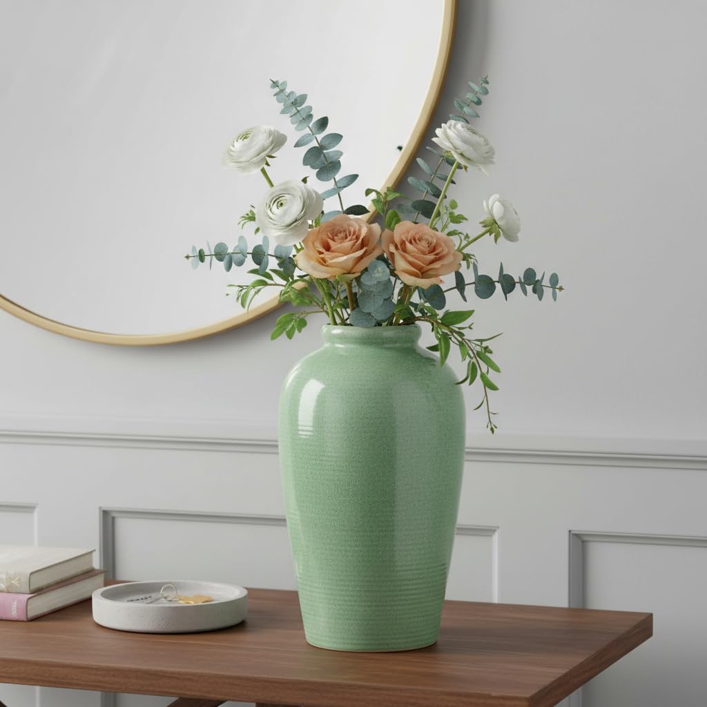 Ceramic Vase / Tall Modern Flower Vase for Pampas Grass / 11 Inch / Green