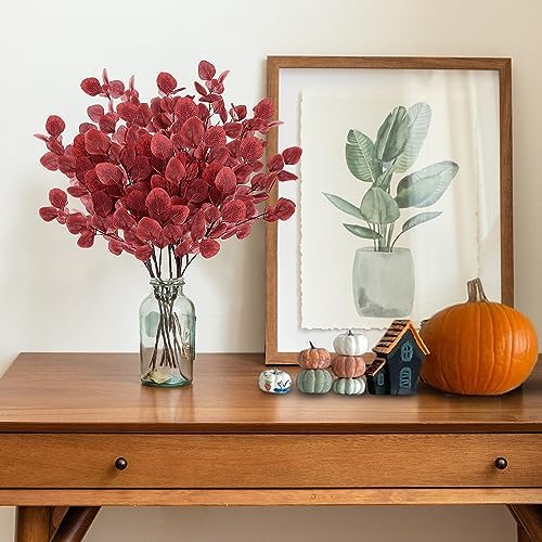 Sggvecsy Artificial Eucalyptus Leaves, 6 Pieces, 35.43 Inch Long, Red Color, Plastic and Silk Material, Easy to Bend and Adjust