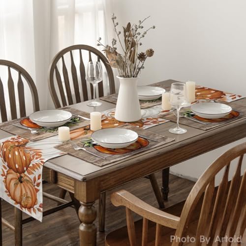 Artoid Mode Wood Pumpkin Bowknot Fall Placemats Set of 4-12 x 18 Inch