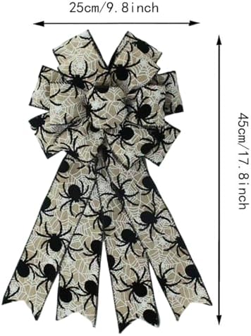 1 Pcs Large Halloween Wreath Bow - Black Spider & White Spider Web Wired Bow, Rustic Burlap Style Halloween Bows for Front Door, Tree Topper, Spooky Home Party Decor (Black Spider Bow)