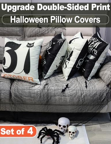 Halloween Decorations Set Of 4 Double-Sided Print Pillow Covers 18" x 18", with 8 Cute Halloween Decor Patterns, Elegant Invisible Zipper, Soft Linen Throw Pillow Covers for Outdoor & Indoor Use