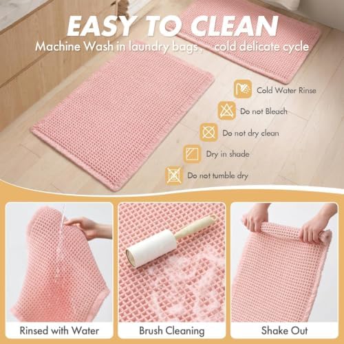 MIULEE Set of 2 Waffle Bathroom Rugs Boho Bath Mat Pink 17"x24"+18"x30"