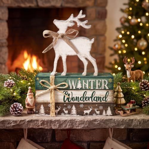 Geelin 4 Pcs Christmas Tiered Tray Decor Wooden Book Stack Signs, White Reindeer Christmas Table Decor, Farmhouse Rustic Centerpieces for Shelf Coffee Bar Office Desk Decorations