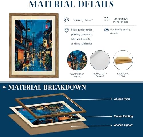 Framed Japanese Wall Art, Asian Tokyo Tea House Canvas Wall Decor Painting, Cool Japanese Night Posters Prints Pictures