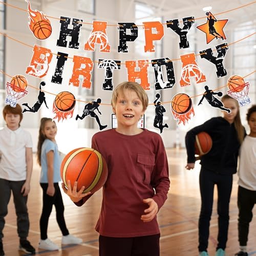 Basketball Happy Birthday Banner - Orange and Black Sports-Themed Party Decoration with Basketball Hoops and Fireball Design, Pre-Assembled, No DIY Required, Festive Indoor Outdoor Birthday Party Supplies