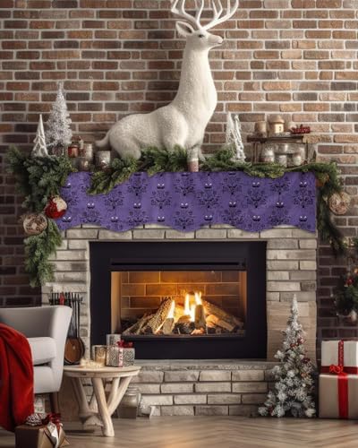 Halloween Mantel Scarf for Fireplace, Haunted House Ghost Purple Halloween Fireplace Cover Decorations Indoor Trick or Treat Mantel Top Scarf Runner for Seasonal Fall Holiday Party, 17 x 90 Inch