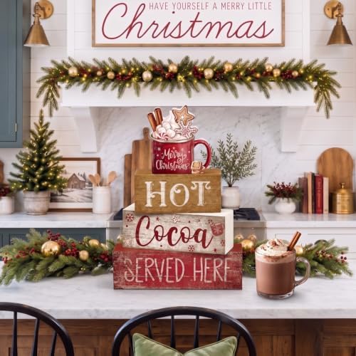 Moucuny 4 Pcs Christmas Table Decor for Home Kitchen, Wooden Coffee Cocoa