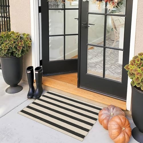 Black and White Striped Outdoor Rug - 2x3 Non-Slip Front Door Mat