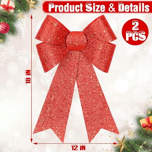 2 PCS Christmas Bows, 12 x 18 IN Christmas Bows Outdoor, Glitter Red Xmas Decorations Velvet PVC Large Christmas Bows Indoor Outdoor Christmas Wreath Bows Hanging Decor for Fence Fireplace Stairs