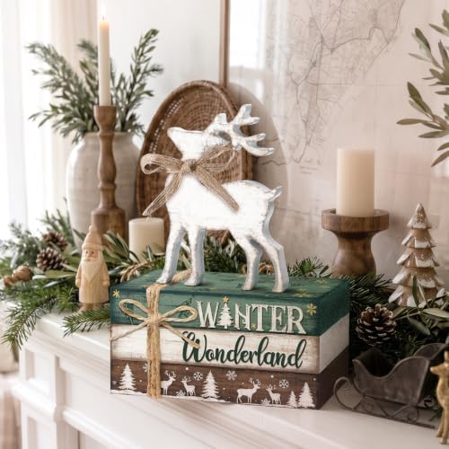 Geelin 4 Pcs Christmas Tiered Tray Decor Wooden Book Stack Signs, White Reindeer Christmas Table Decor, Farmhouse Rustic Centerpieces for Shelf Coffee Bar Office Desk Decorations