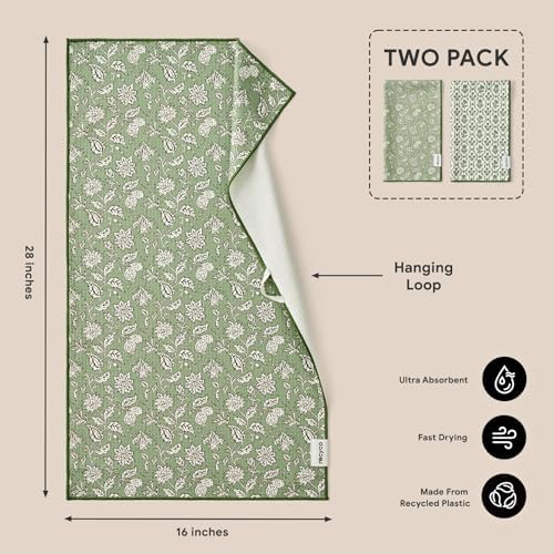 RECYCO Waffle Kitchen Towel Set of 2 - Quick Dry Microfiber Sustainable Dish Towels - Ultra Absorbent Reusable Cleaning Tea Towels - Lightweight Hand Towels,16”x 28”, Thyme & Vine