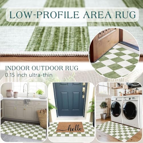 Front Door Mat Indoor Entrance - 2x4.3 Ft Green White Checkered Rug