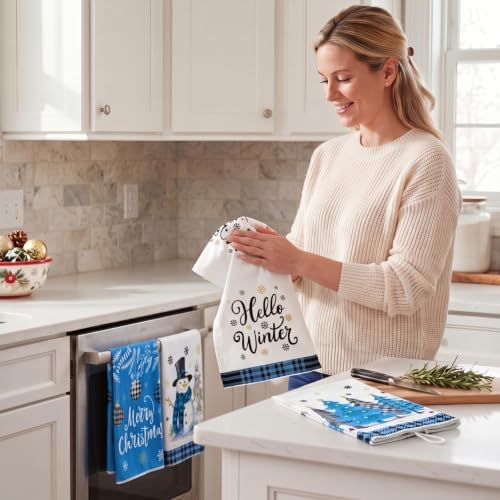 Bencailor 6 Pcs Christmas Kitchen Towel, Blue, Black, Winter Plaid