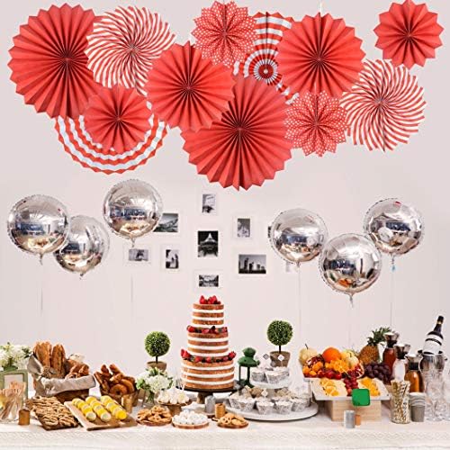 18Pc Party Hanging Paper Fans Set - Red Folding Round Fan Wall Decor, Paper Garlands Flower Decoration for Birthday, Festival, Wedding, Graduation Events Accessories