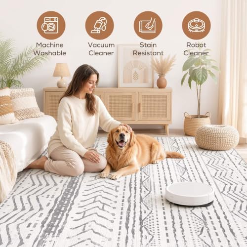 Nakagishi Area Rugs 9x12 Living Room: Washable Boho Large Neutral Modern Soft Farmhouse Rug Stain Resistant Indoor