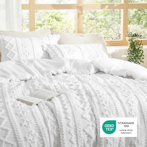 Bedsure Tufted Boho Comforter Set Full Size - Bright White Boho Bed Set, GentleSoft™ 3 Pieces Farmhouse-Style