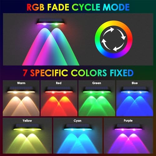 Solar Fence Lights Outdoor - Warm White & RGB 6 Color, Dusk to Dawn Solar Deck Light, Solar Lights Outdoor IP65