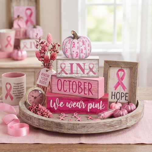 Lineshading 3 Pcs Breast Cancer Awareness Table Decor, Pink Ribbon Pumpkin