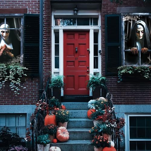CCINEE 2 Packs Scary Halloween Window Cover Decoration, 3D Ghost Curtains Backdrop Haunted House Garage Door Posters for Indoor Outdoor Wall Window Silhouettes Halloween Party Decor