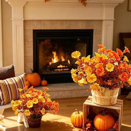 6 Pcs Artificial Fall Flowers 13.7 Inch Faux Autumn Floral Stems Mixed Burnt Orange Fake Bouquet Thanksgiving Table Centerpiece Home Decor