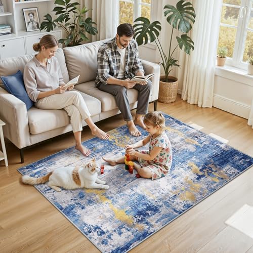 RELEANY Washable 4'x6' Abstract Area Rug for Living Room Blue Gold