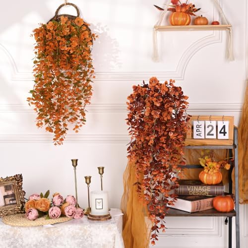 Waipfaru 4Pcs Fake Hanging Plants, Red-Brown Eucalyptus Fake Vines Ivy