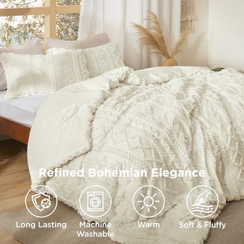 Bedsure Tufted Boho Comforter Set California King Size - White Boho Bed Set, GentleSoft™ 3 Pieces Farmhouse-Style