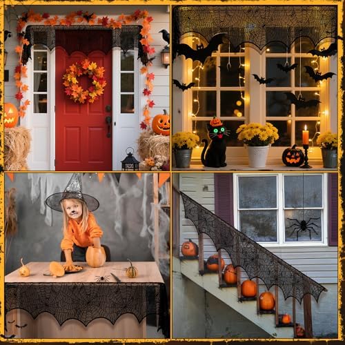 2 Pcs Halloween Mantle Scarf, Black Lace Spiderweb Fireplace Mantel Scarf, Halloween Fireplace Decor Cover Garland for Door Window Indoor Curtain Festive Party Supplies, 18 x 83 Inch