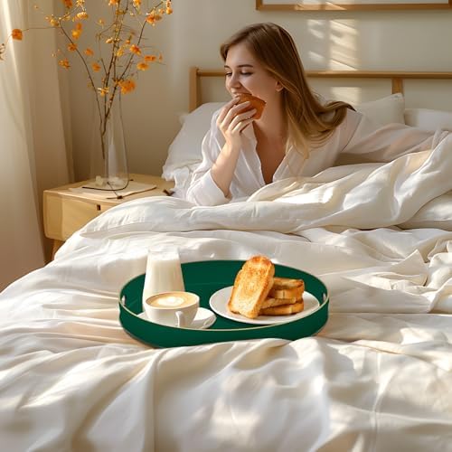 MAONAME 13" Dark Green Decorative Tray, Round Serving Tray with Handles