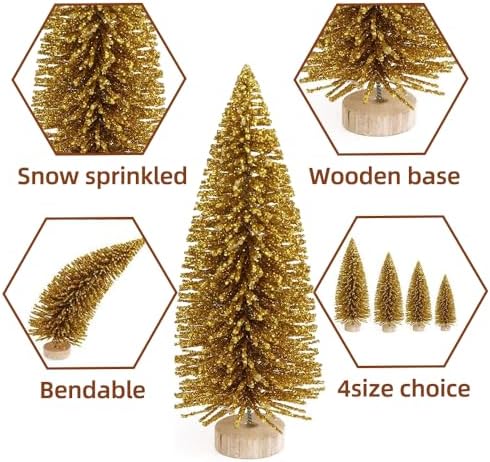 Yahpetes Christmas Trees 24 Pcs Artificial Miniature Pine Trees 4 Sizes Sisal Trees with Wood Base Bottle Brush Trees Tabletop Tree for Crafting Displaying Decoration (Blue-Green,White,Gold 24Pcs)
