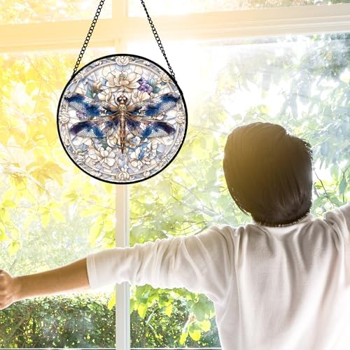 Dragonfly White Florals Stained Glass Window Hanging Suncatcher Gifts 7.8"