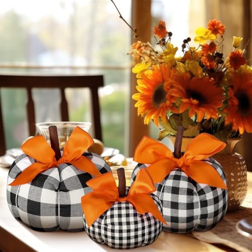 Beeveer 3 Pcs Fall Pumpkins Decor Black and White Farmhouse Decorative