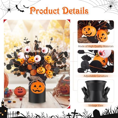 Halloween Table Deocr with 5 Pcs Artificial Pumpkin Eyeballs Eucalyptus Stems Black Iron Vase String Light and Wood Sign Halloween Centerpieces for Indoor Home Party Vase Arrangement Decorations