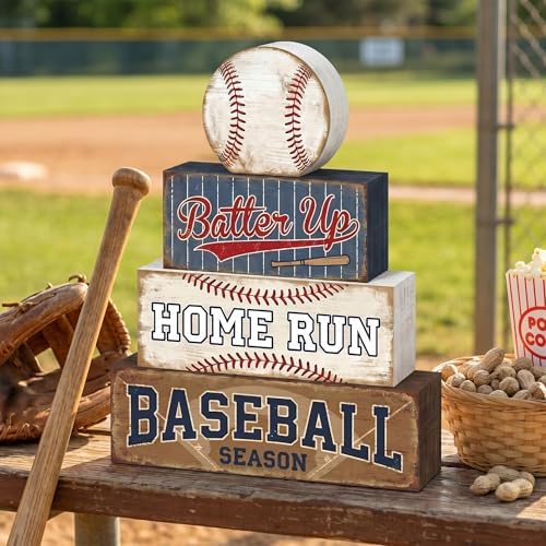 Britimes Baseball Tiered Tray Decor Set, 4 Pack, Wooden Table Sign