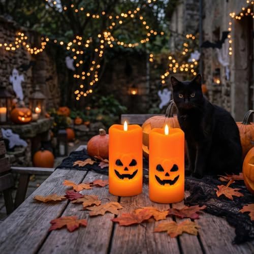 Halloween Pumpkin Flameless Pillar Candles with 6H Timer, 2PCS