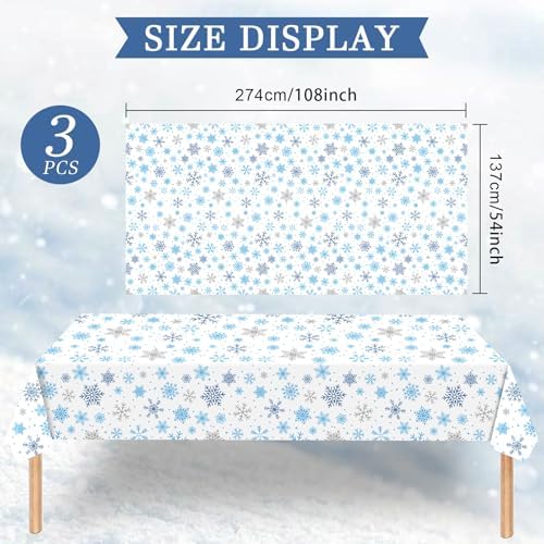 Gistome 3-Piece 54 x 108 Inch Snowflake Plastic Tablecloth – Blue and White Christmas Holiday Disposable Table Cover for Winter Parties, Xmas Dinners, and Indoor Outdoor Decorations