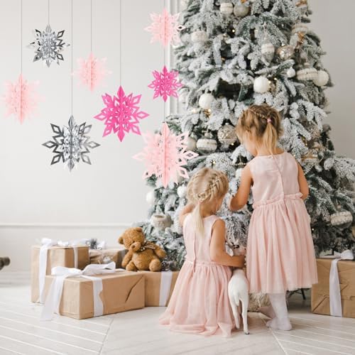 Whaline 18 Pcs Christmas Hanging Decorations 3D Pink Silver Snowflake Hanging Ornaments with String Glittery Large Snowflake Pendant Garlands for Xmas Winter Wonderland Party Home Ceiling Decor