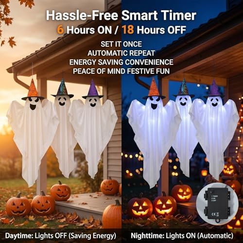 3 Packs Halloween Decorations Outdoor - BCLGSHINE Lighted Hanging Ghost Decorations with Hats & 45 LEDs, 36 Inch Halloween-Ghost Lights for Porches, Party, Yards, Gardens, Lawn