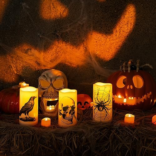 Homemory Halloween Waterproof Flameless LED Pillar Candle with Timer Remote