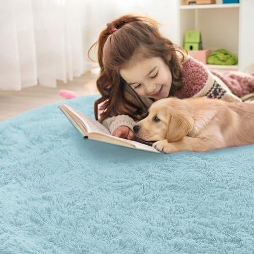 OLANLY Light Blue Round Rugs for Bedroom - Machine Washable, 2 ft Circle Area Rugs for Living Room, Soft and Fluffy