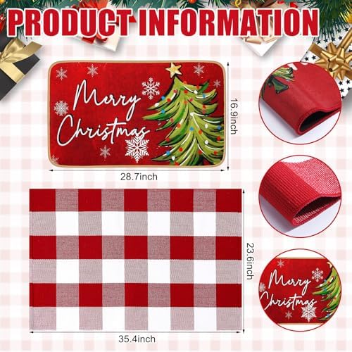 Tinideya 2 Pcs Christmas Door Mat Outdoor Whimsical Xmas Tree Front Doormat Nonslip Red and White Buffalo Plaid Layered Linen Rubber Xmas Rugs Merry Christmas Decor for Front Porch Entryway Outside