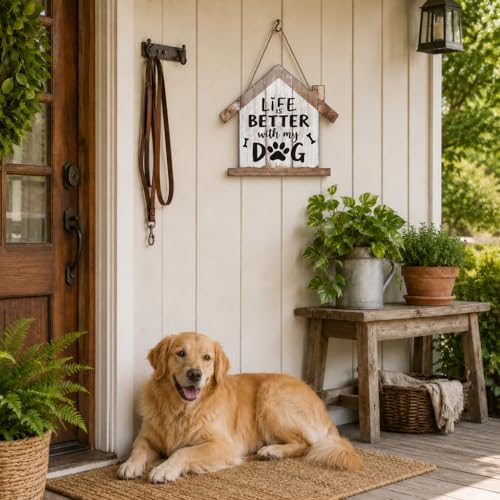 Smile Pet Wooden House Shaped Door Hanger,Life is Better with My Dog and Dog Paw Print Bone Door Sign for Pet Lover Home Front Door Porch Wall Decorations