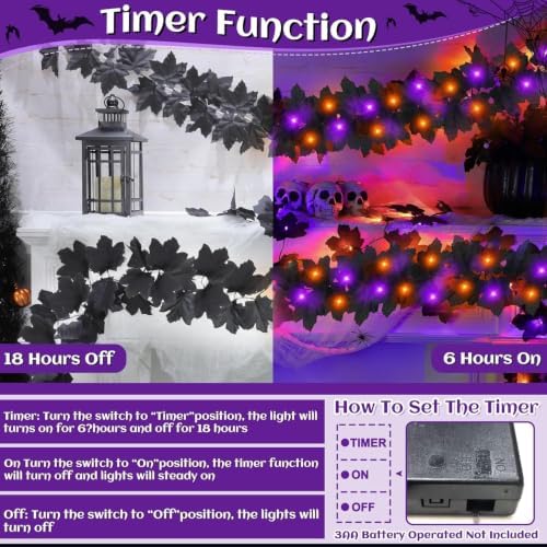 Timer - 3 Pack Halloween Garland with Orange Purple Lights Battery Operated