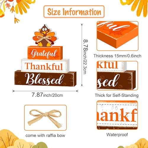 Fall Wooden Table Sign,Thanksgiving Turkey Wooden Blocks Table Decor, Blessed Grateful Thankful Tabletop Signs Farmhouse,Autumn Thanksgiving Harvest Home Kitchen Shelf Decor